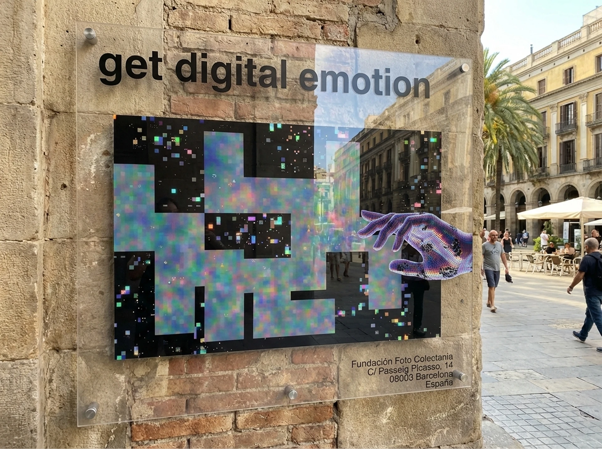 AI-generated Guida poster installed on a stone wall in Barcelona